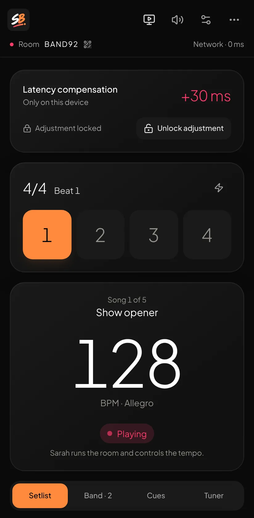 SyncroBeat on the drummer’s phone: “Show opener” at 128 BPM, playing in phase with the room.