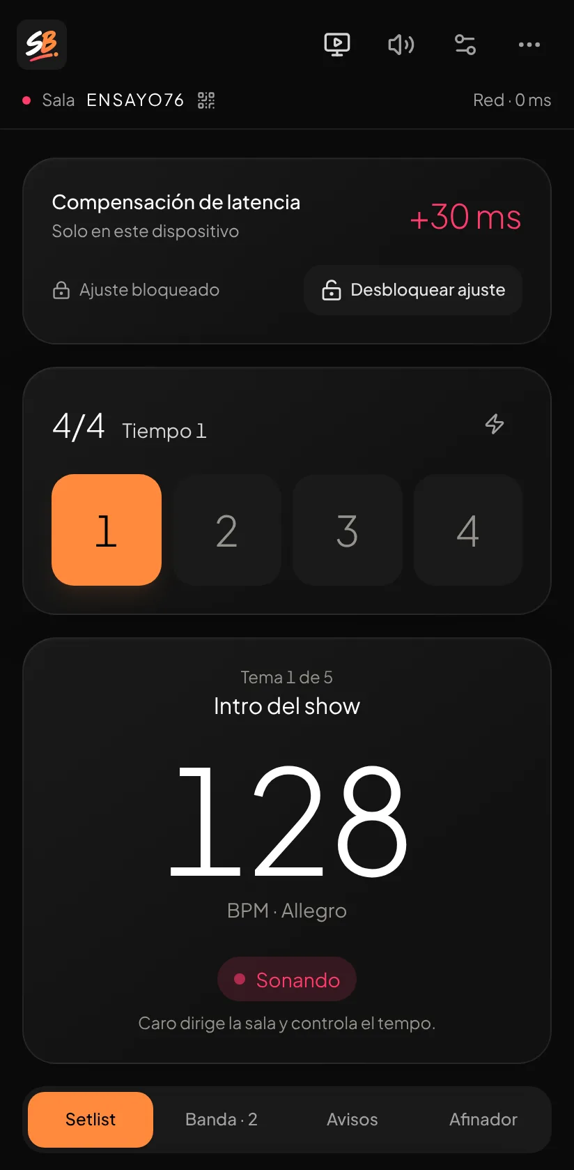 SyncroBeat en el celular del baterista: «Intro del show» a 128 BPM, sonando en fase con la sala.